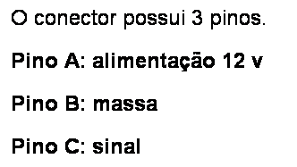 Caixa de texto: O conector possui 3 pinos.
Pino A: alimenta��o 12 v
Pino B: massa
Pino C: sinal
